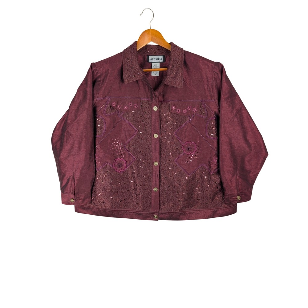 Indigo Moon Womens 3X Burgundy Lace Sequin Floral Embroidered Button Jacket